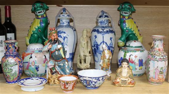A near pair of Chinese blue and white baluster vases and covers, 28cm and sundry Oriental ceramics (14)